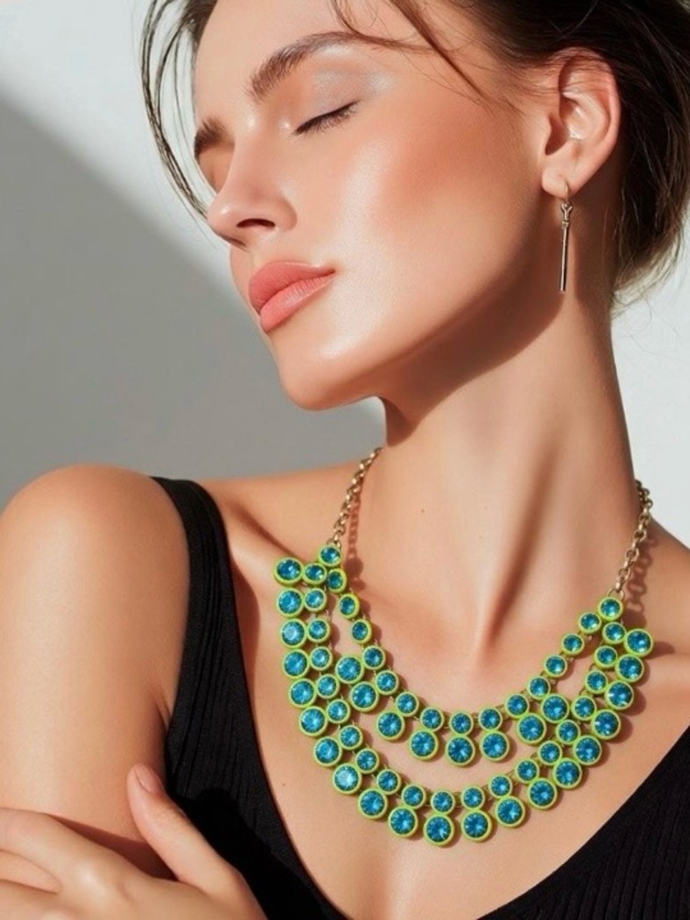 Coldwater Creek Lime Green and Turquoise Rhinestone Statement Bib Necklace